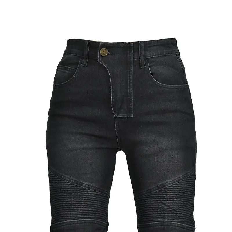 Motorjeans voor dames met protectoren, beschermpads, ribpatroon en slim fit