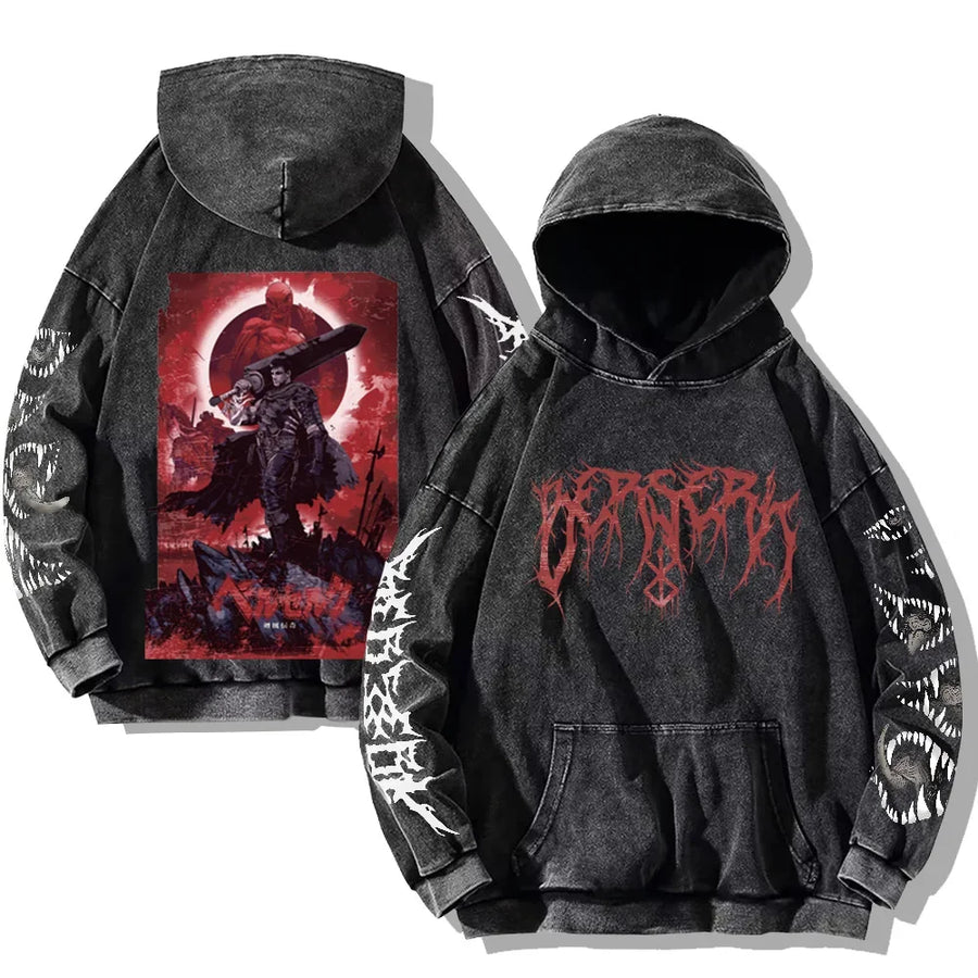 Vintage hoodie met capuchon en kangoeroezak – Berserk-print
