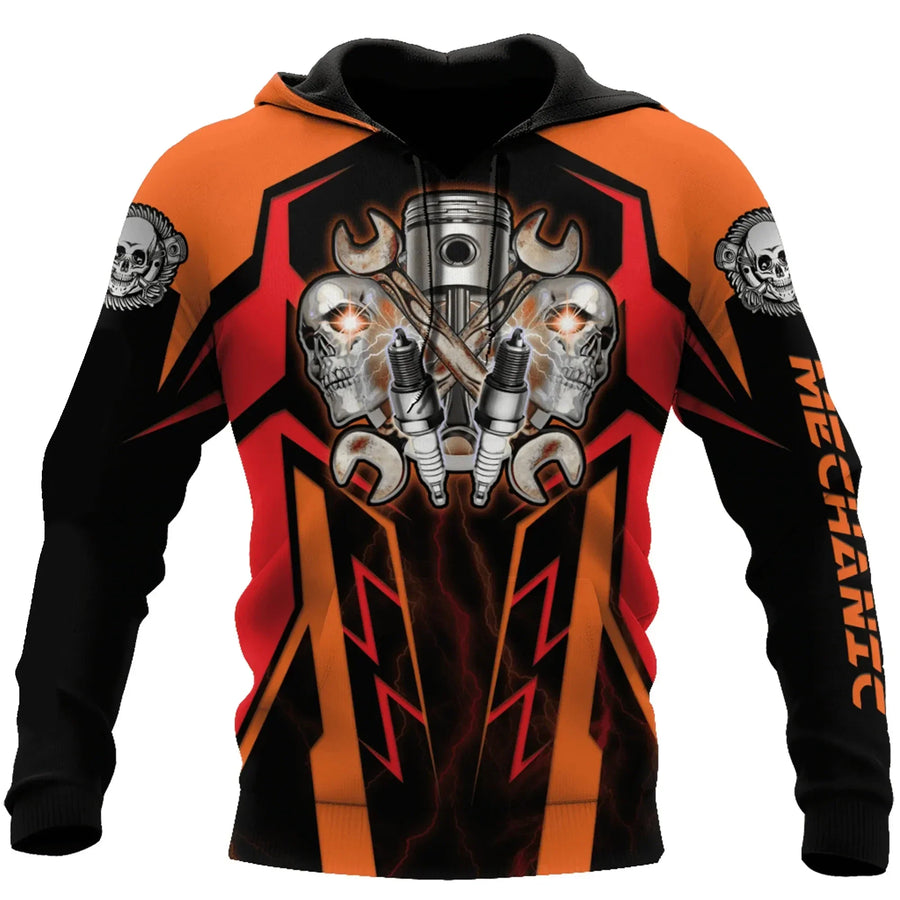 Kapuzenpullover Herren Hoodie Mechaniker-Design Motor Kolben Werkzeug Schwarz Grau