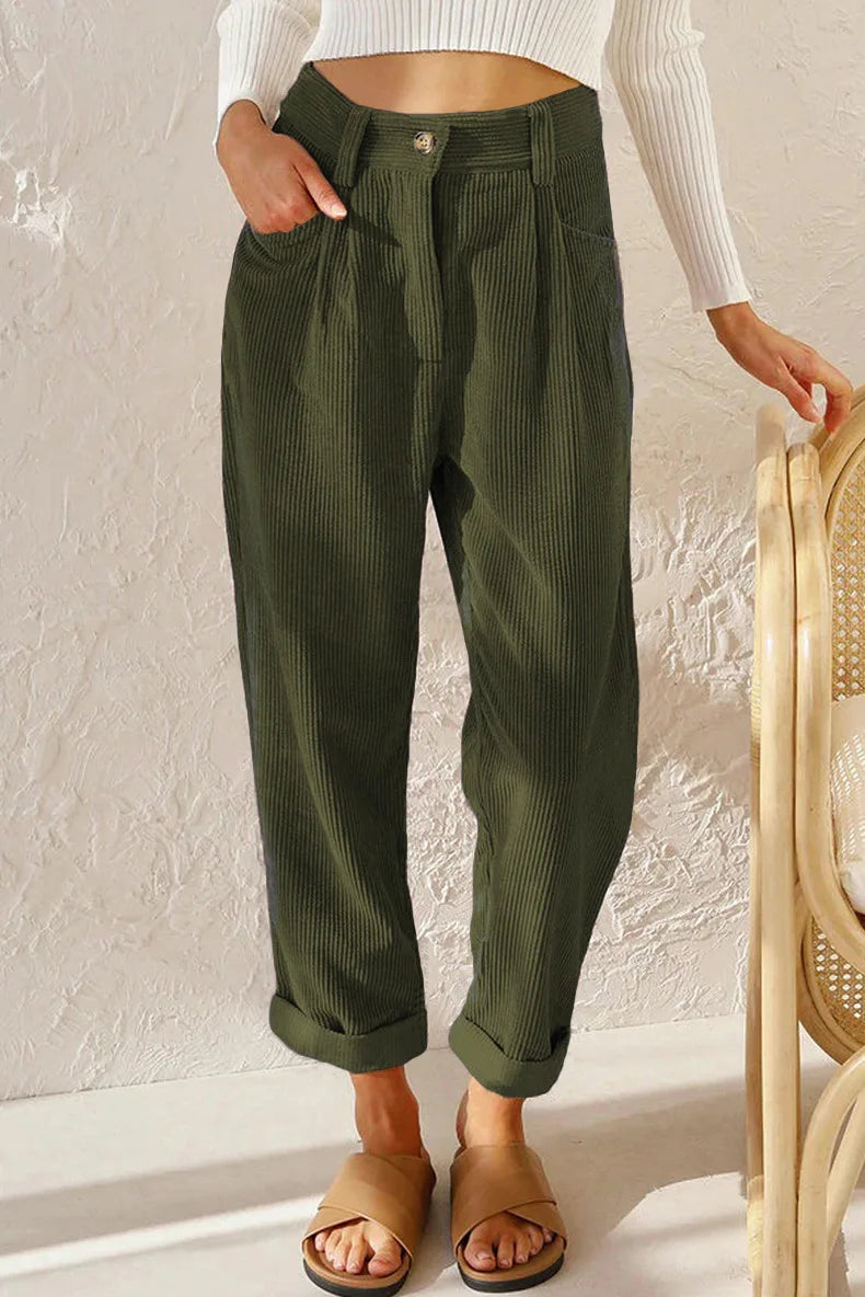 Damen Cordhose mit hoher Taille, weitem Bein und Falten, umgeschlagener Saum, Freizeit-Look