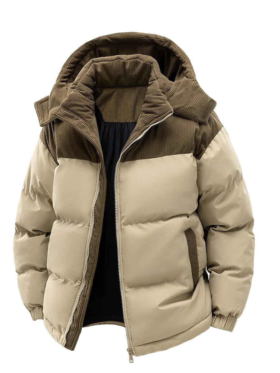 Winter Steppjacke mit Kapuze und Cord-Details für Herren, warm und winddicht
