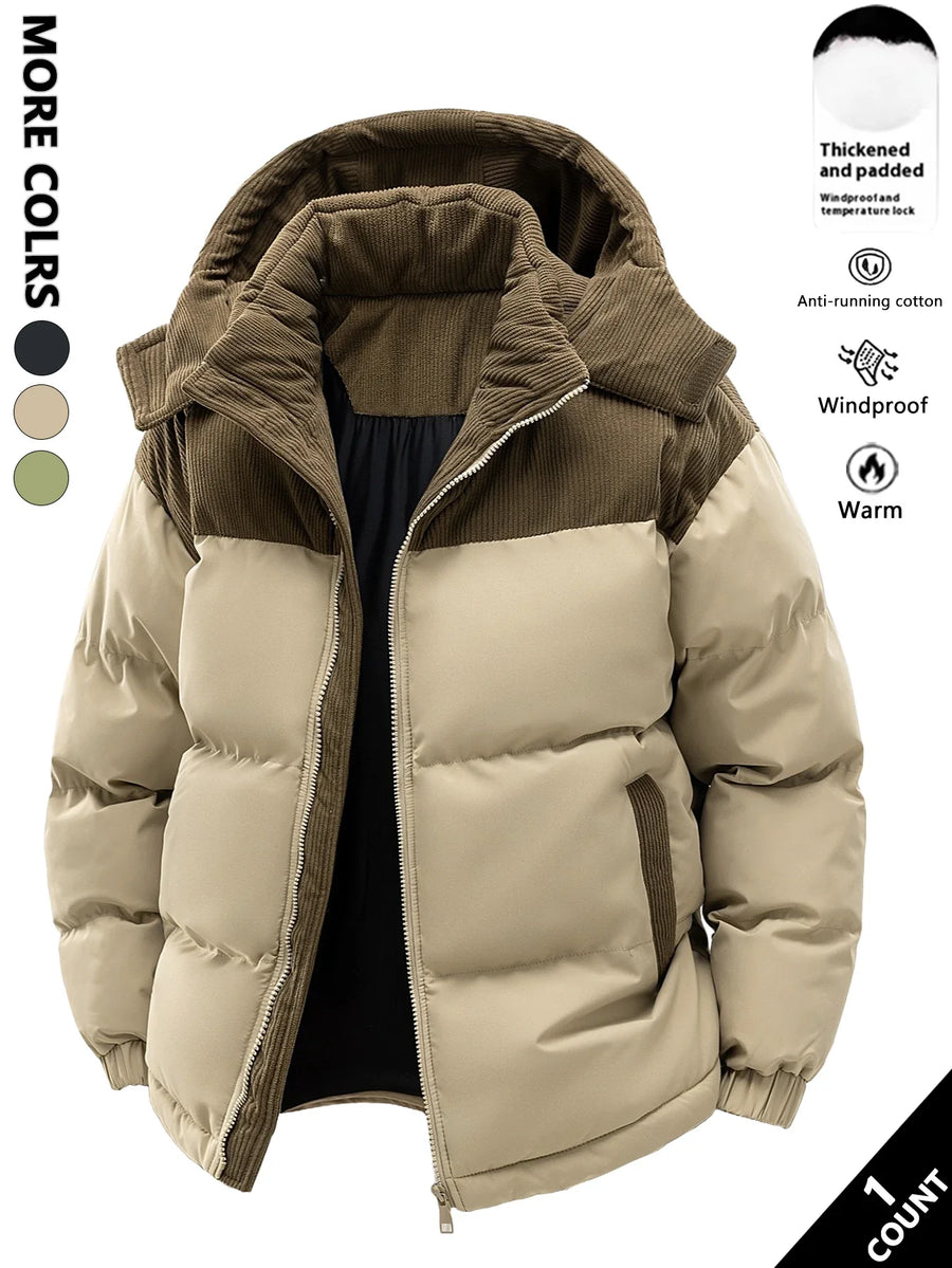 Winter Steppjacke mit Kapuze und Cord-Details für Herren, warm und winddicht