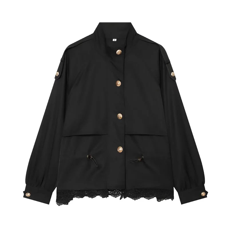 Damen Jacke Stehkragen Spitze Saum Kurz Bolero Optik