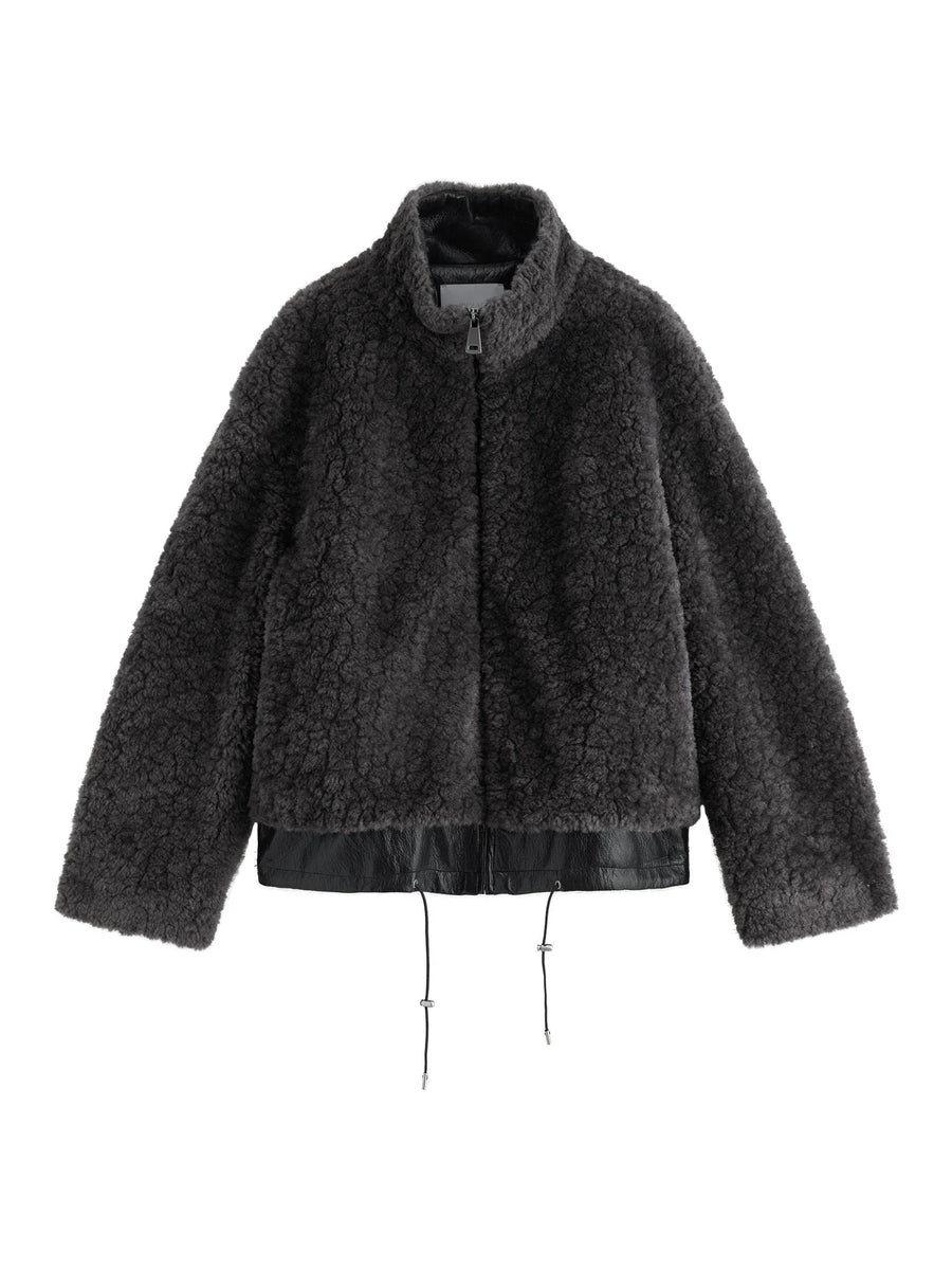 Kurze Damen Plüschjacke mit Reißverschluss und Stehkragen in Dunkelgrau