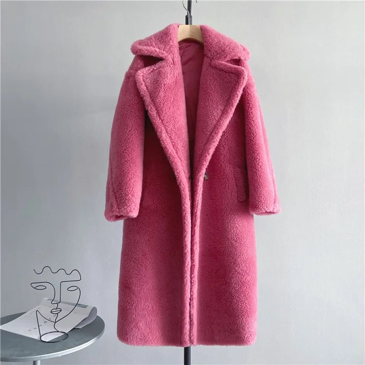 Damen Langer Teddyfell Mantel mit Reverskragen und Taschen