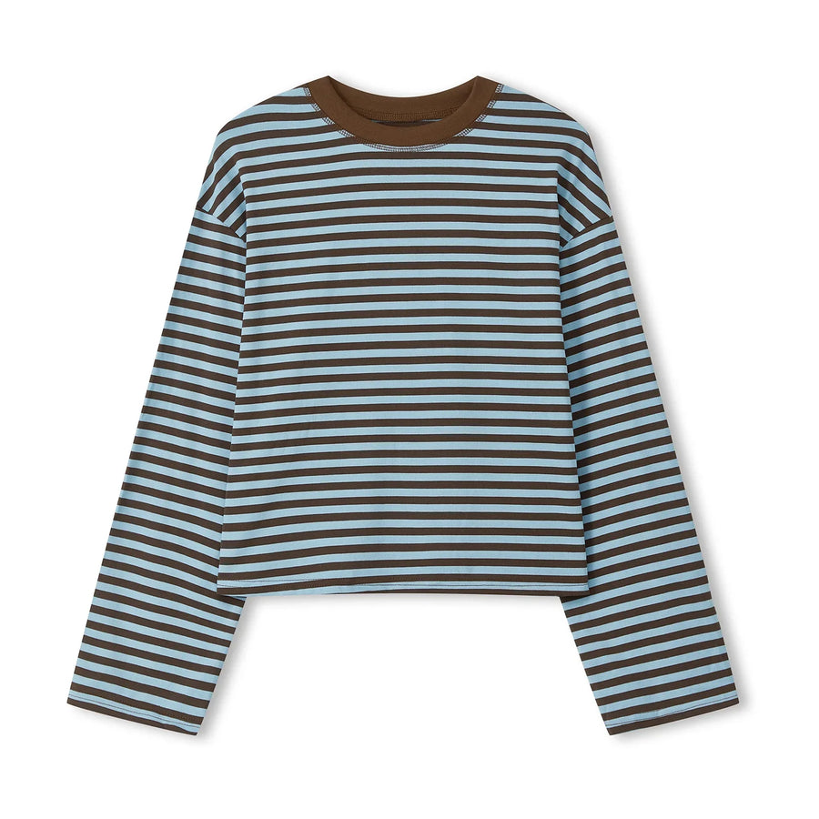 Gestreept dames-shirt met lange mouwen, oversized, ronde hals, casual crop top
