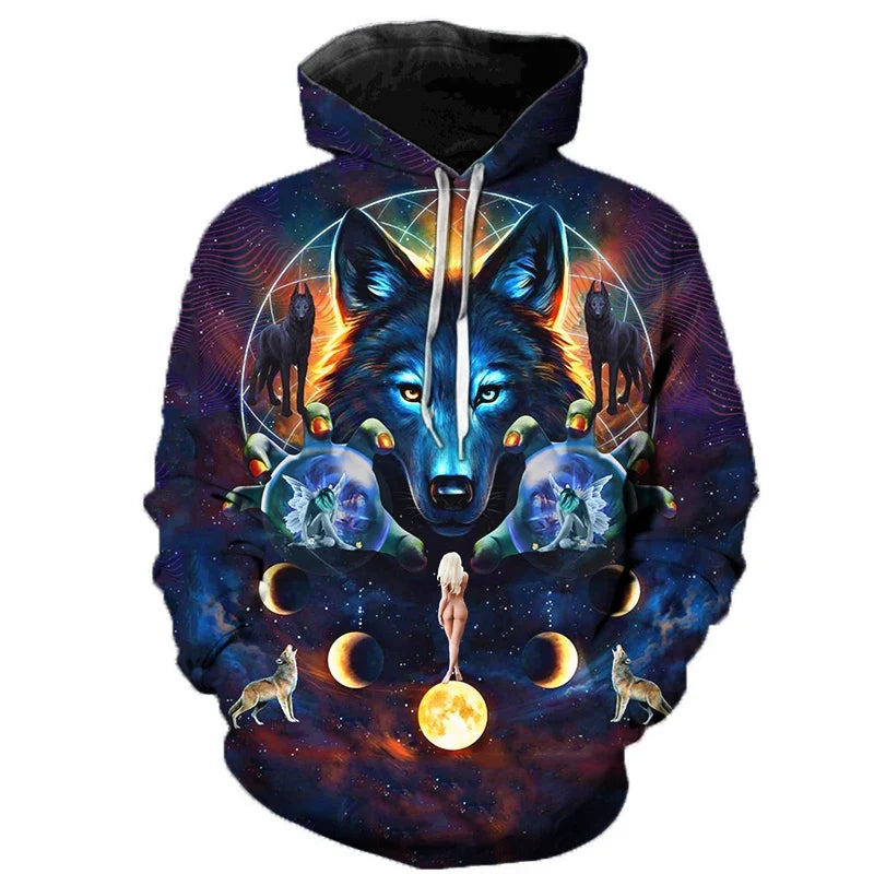 Unisex hoodie met wolvenmotief, kleurrijke 3D-print en trekkoord