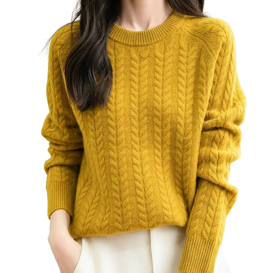 Damen Pullover Zopfmuster Rundhals Langarm Strickpullover