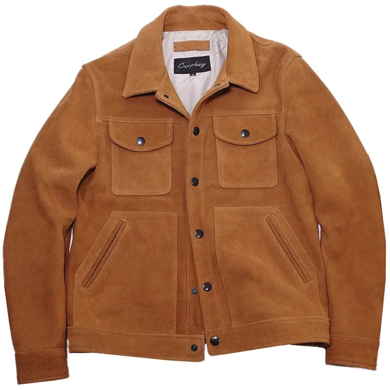 Herren Jacke Wildleder-Optik Cognacbraun mit Umlegekragen & aufgesetzten Taschen