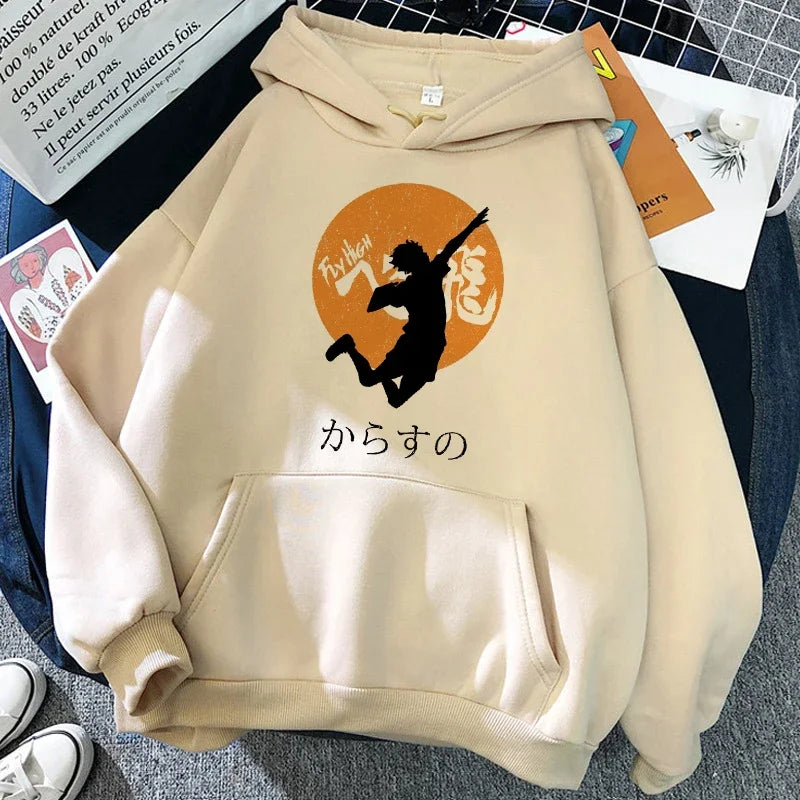 Hoodie met capuchon en anime-motief van de Karasuno Volleyball Club, beige