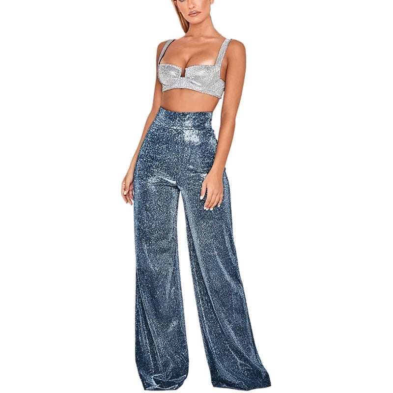 Damen Glitzer Crop Top & Weite Hose Set, Langarm, Hohe Taille