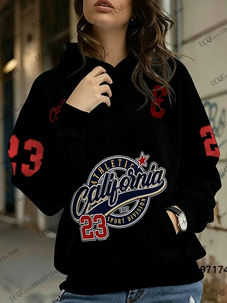 Dameshoodie met "California Athletic"-print en cijfers, lange mouwen, capuchon