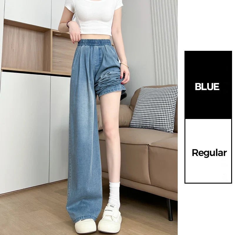 Damen Baggy Hose mit weitem Bein und elastischem Bund - Weit geschnittene Freizeithose in Jeans-Optik