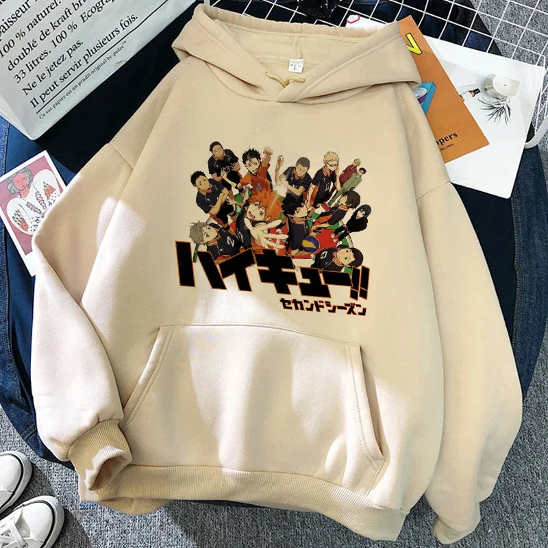 Hoodie met capuchon en anime-motief van de Karasuno Volleyball Club, beige