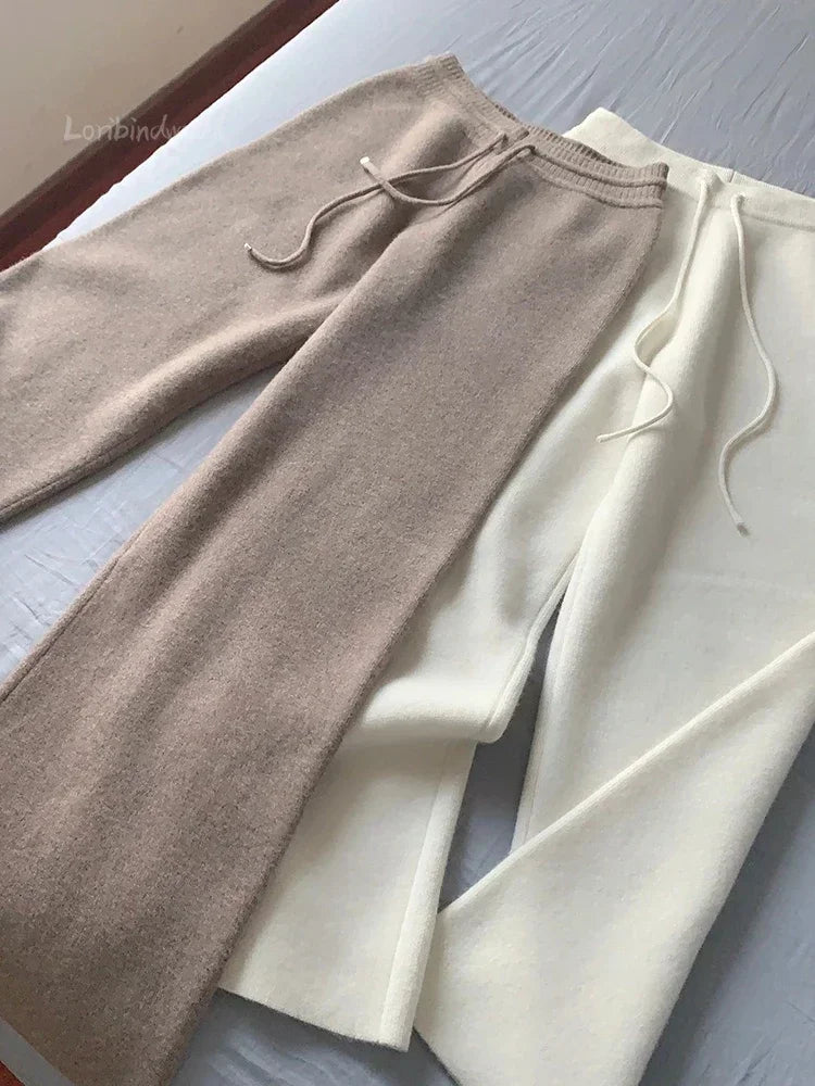Damen Strickhose Weites Bein Hoher Bund mit Kordelzug