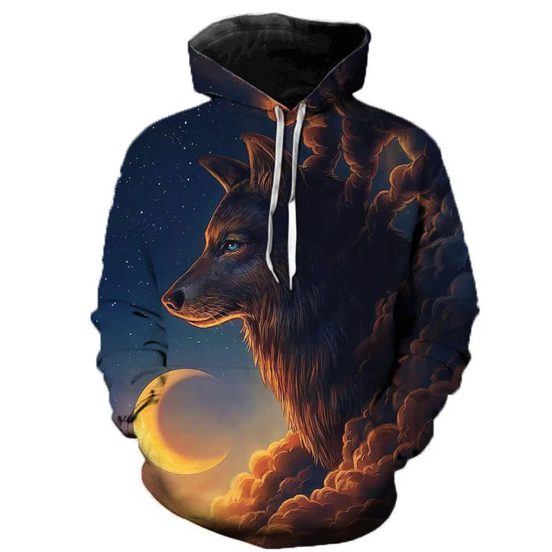 Unisex hoodie met wolvenmotief, kleurrijke 3D-print en trekkoord