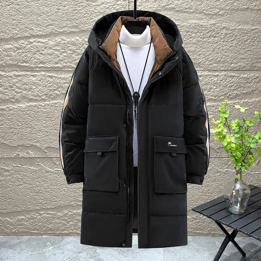 Herren Winterjacke Lang Schwarz Gesteppt mit Kapuze und Reißverschluss