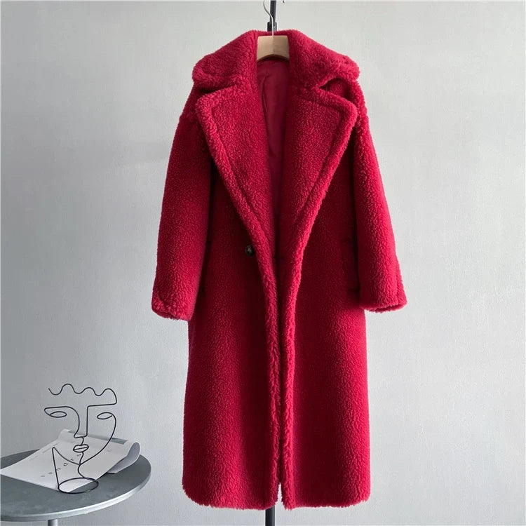 Damen Langer Teddyfell Mantel mit Reverskragen und Taschen