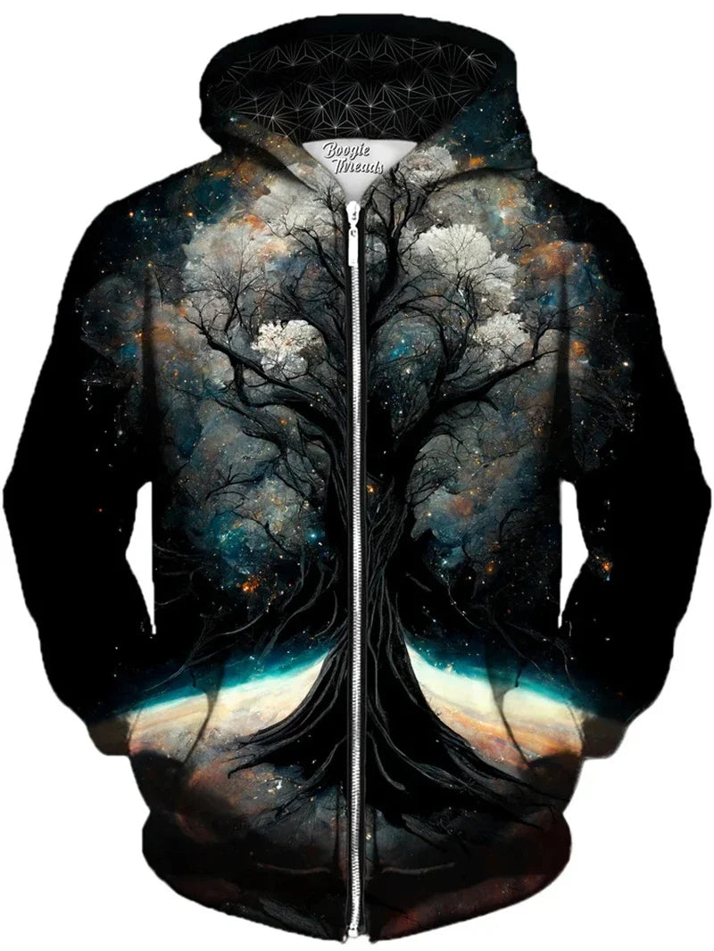 Unisex hoodie met rits en kleurrijke boomgrafiek
