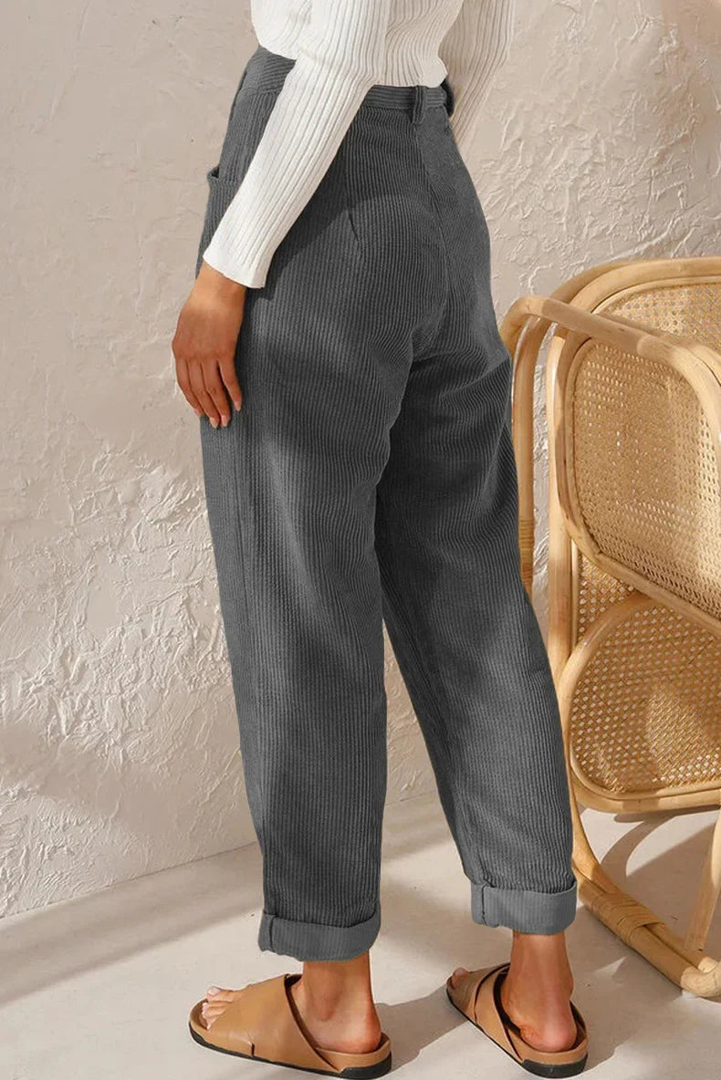 Damen Cordhose mit hoher Taille, weitem Bein und Falten, umgeschlagener Saum, Freizeit-Look