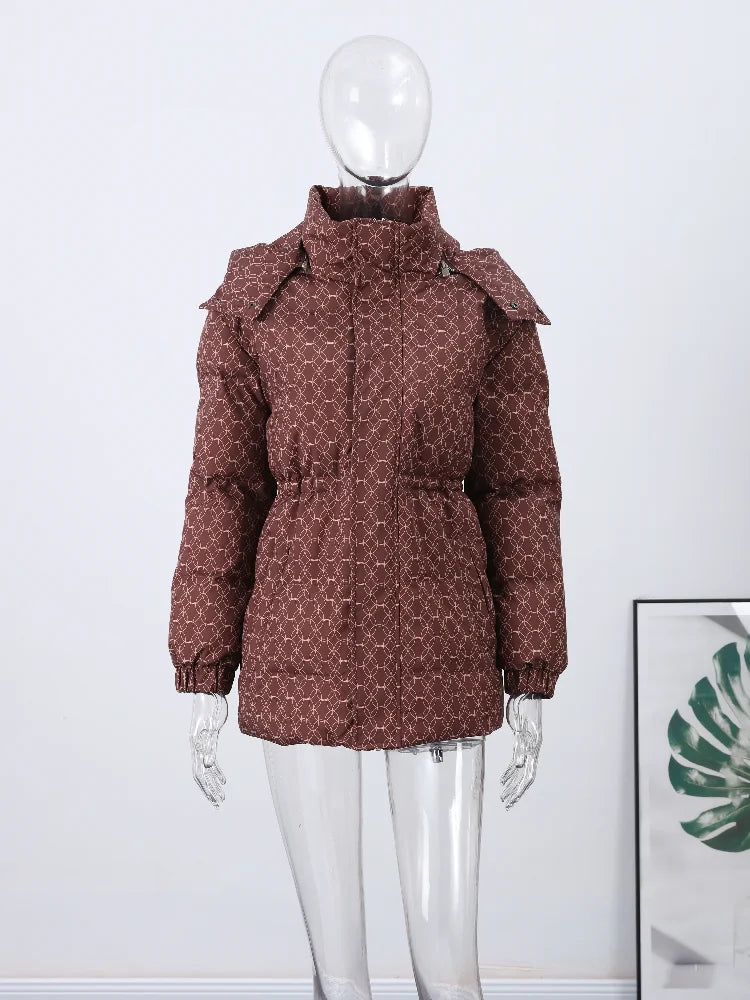 Damen Steppjacke mit Kapuze und Kordelzug, Braun/Beige/Schwarz