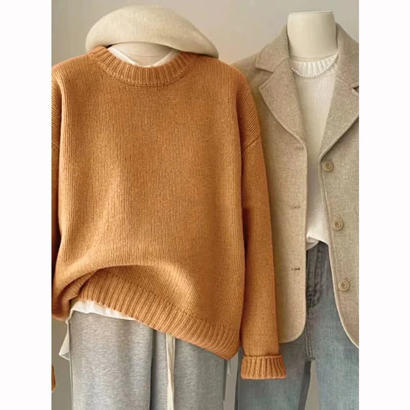 Unisex Rundhals Pullover Grobstrick Oversize Locker Casual Langarm