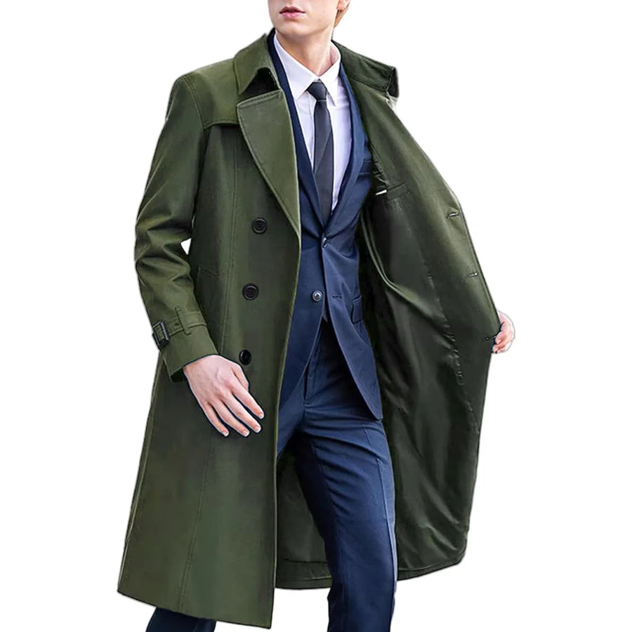 Herren Trenchcoat Zweireiher Langer Mantel mit Reverskragen