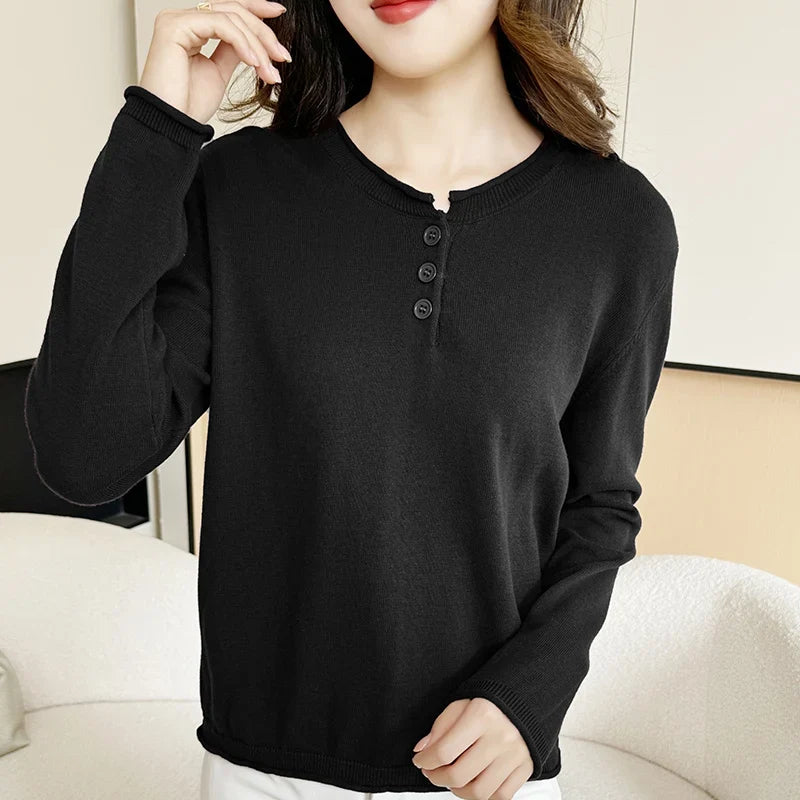 Damen Henley-Pullover Langarm mit Knopfleiste