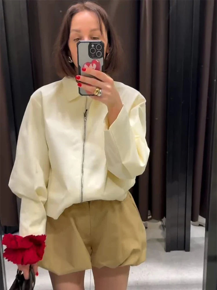 Damen Bomberjacke Kurz Beige Reißverschluss