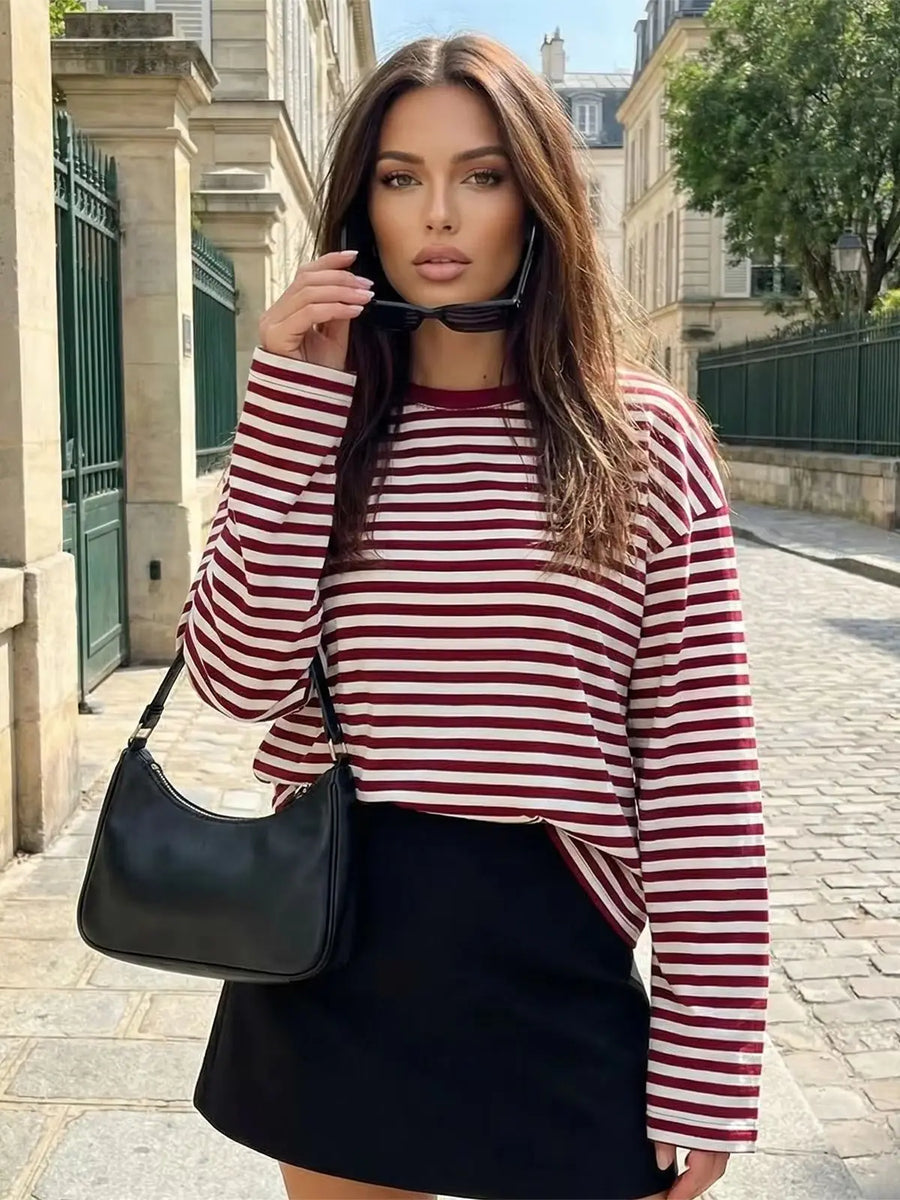 Gestreept dames-shirt met lange mouwen, oversized, ronde hals, casual crop top