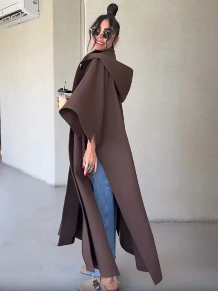 Damen Langer Mantel Braun Locker Oversize-Schnitt Mit Weiten Ärmeln