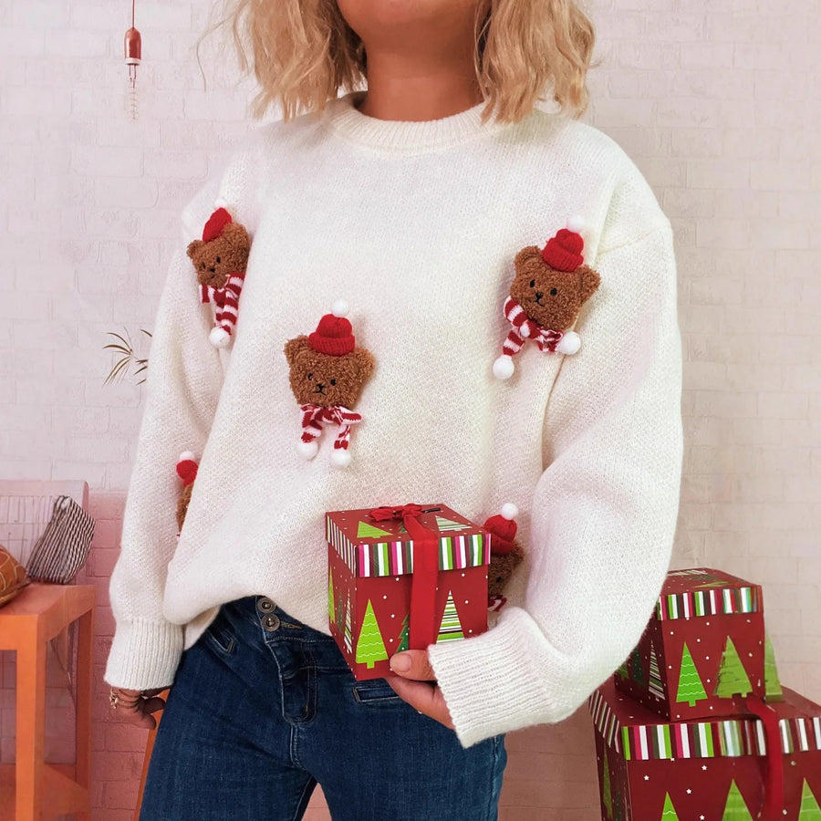 Kerstpullover met teddybeerapplicaties, lange mouwen en ronde hals