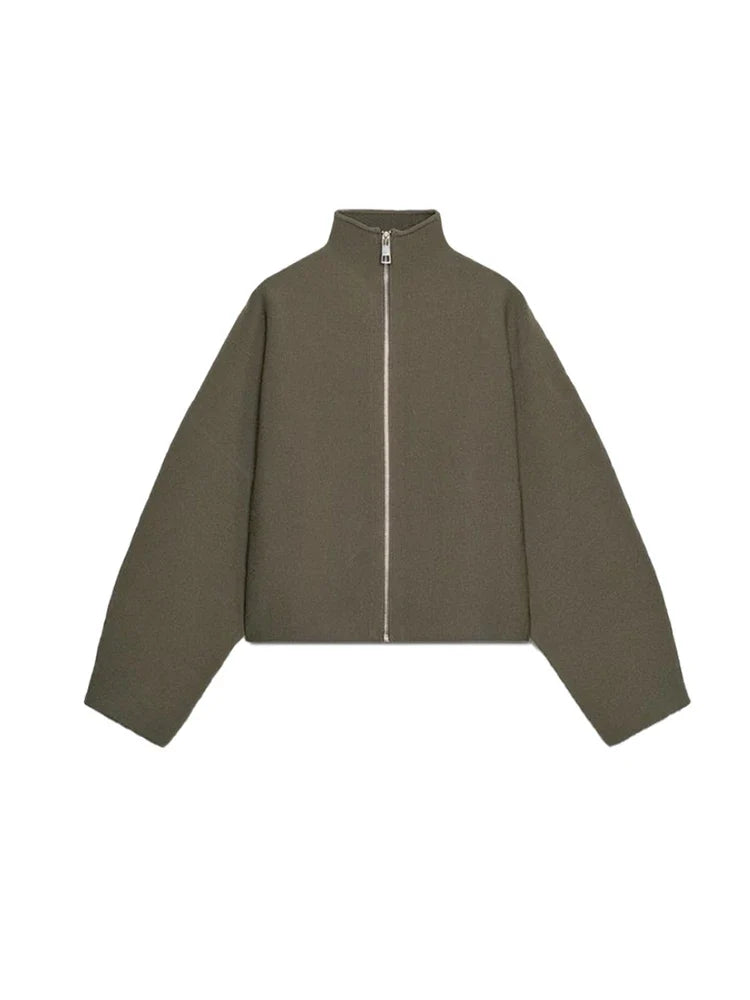 Kurze Jacke mit Stehkragen und Reißverschluss, Olivgrün