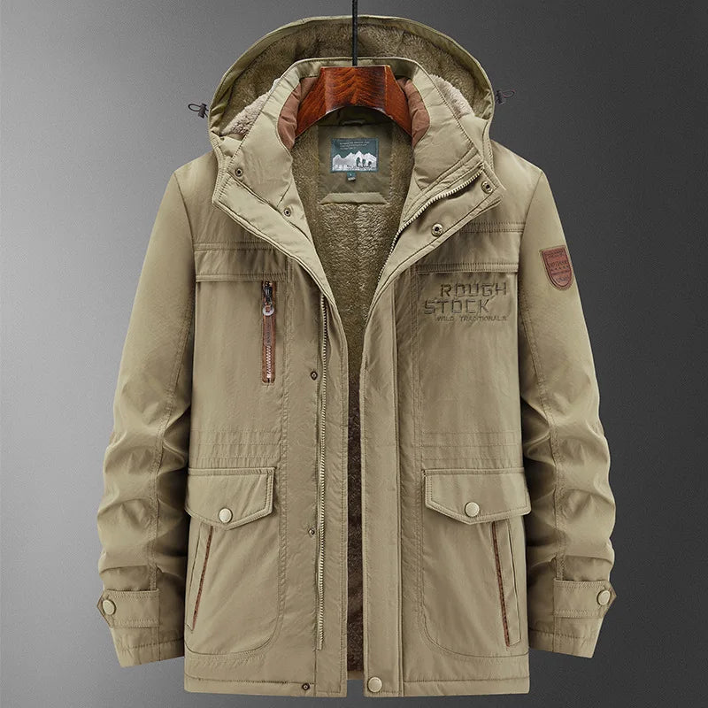 Herren Winterjacke mit Kapuze und Teddyfutter, Warme Outdoor-Parka mit Mehreren Taschen