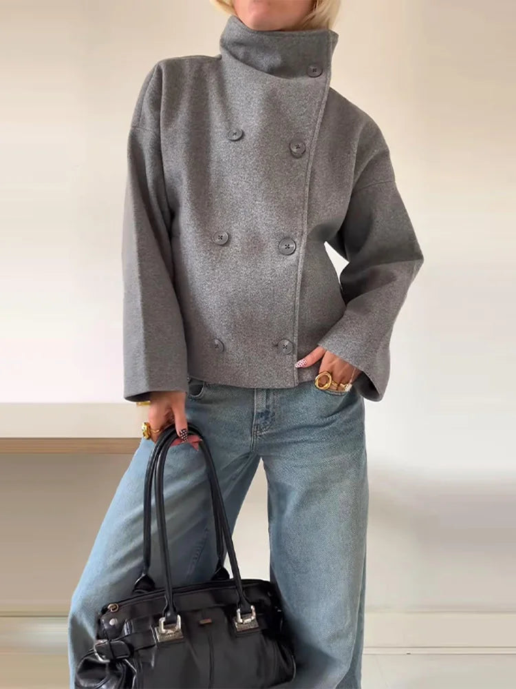 Kurze Damenjacke mit Stehkragen, Zweireiher, Grau oder Schwarz, Lockere Passform