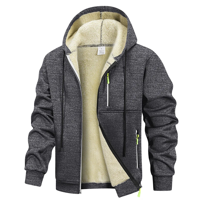 Hoodie mit Reißverschluss und Plüschfutter für Herren, warm, Schwarz