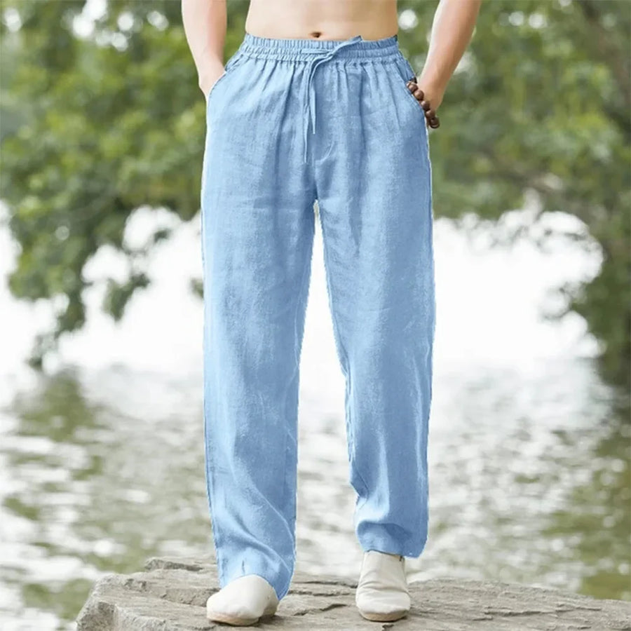 Unisex Leinenhose mit Gummibund & Kordelzug, beige, weites Bein, lockere Passform