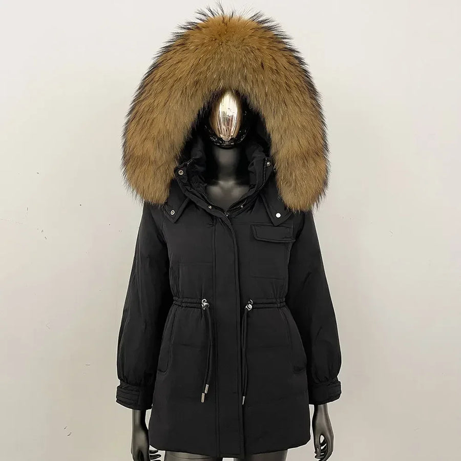 Damen Winterjacke Parka mit Kapuze Kunstfellbesatz Tunnelzug Creme