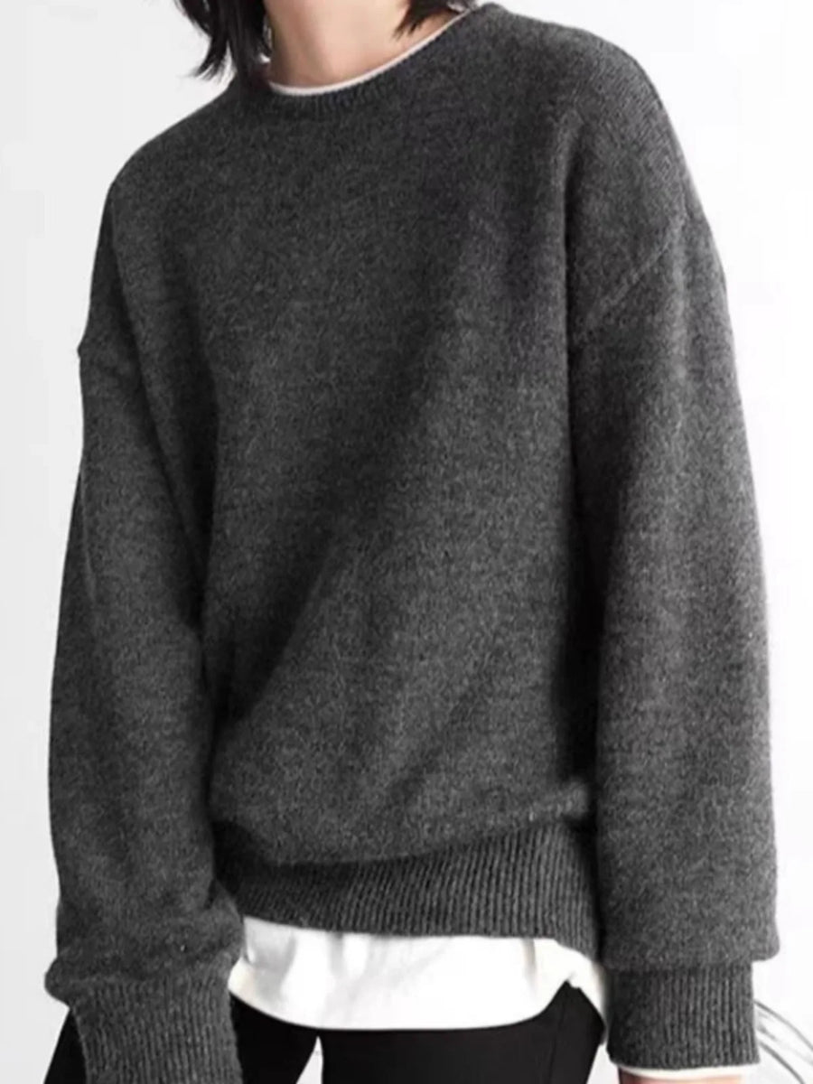 Grauer Damen Rundhals-Pullover mit langen Ärmeln