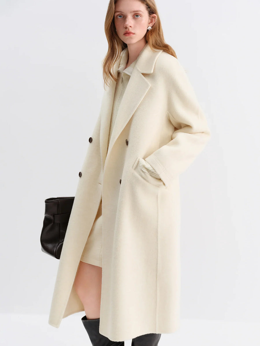 Damen Doppelreiher Mantel lang beige-camel