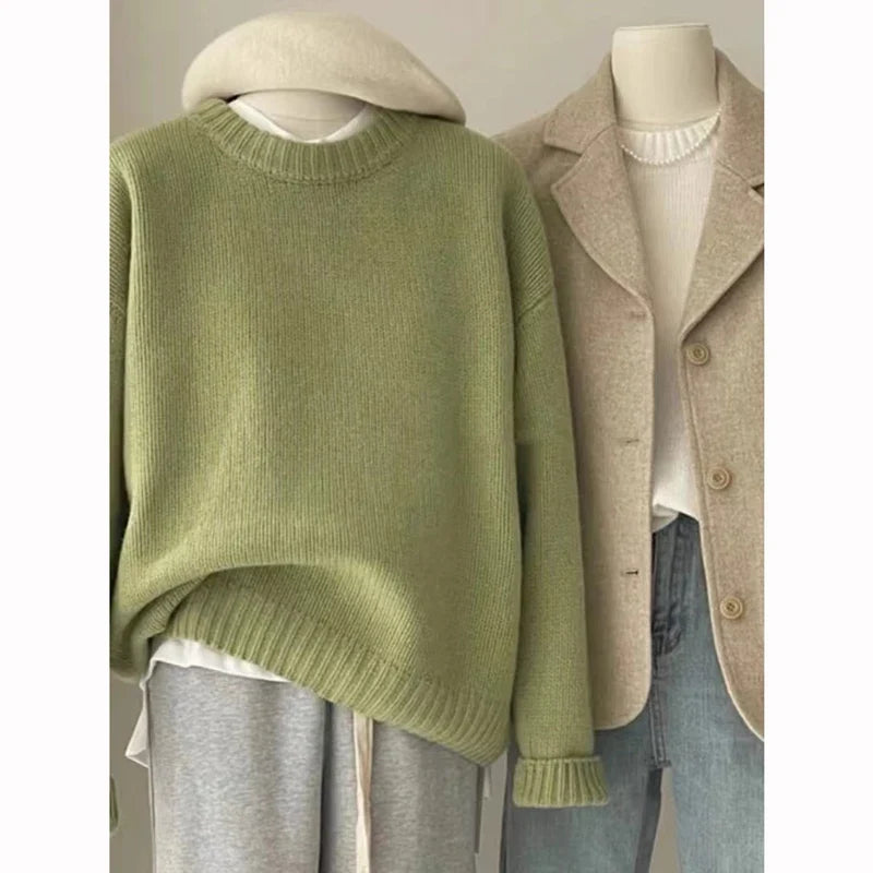 Unisex Rundhals Pullover Grobstrick Oversize Locker Casual Langarm
