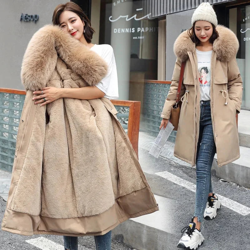 Winterparka Damen mit Pelzbesatz Kapuze und Fleecefutter Warm