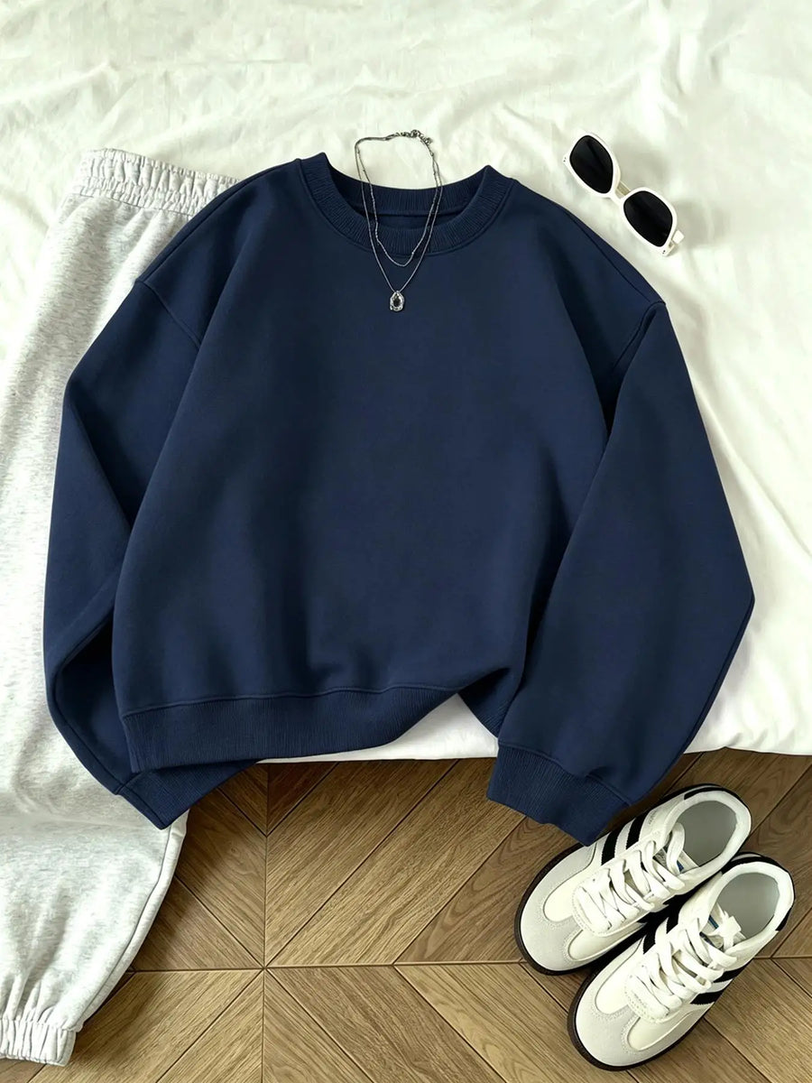 Unisex sweatshirt met lange mouwen, ronde hals, effen kleur, losse pasvorm