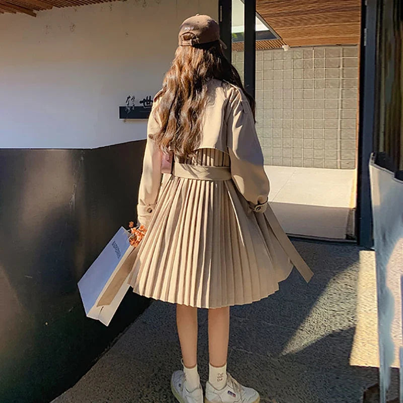 Damen Trenchcoat mit Faltenrock-Optik Gürtel Klassischer Kragen Beige