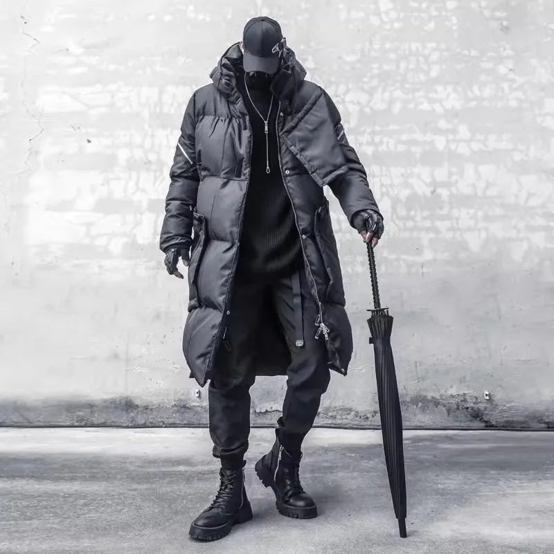 Unisex Langer Steppmantel mit Kapuze Schwarz