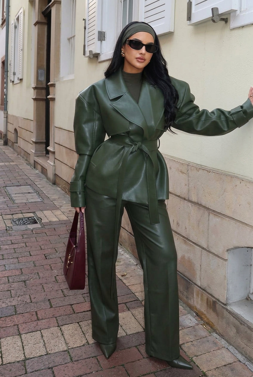 Damen Wickeljacke mit Bindegürtel, Lederoptik, Grün