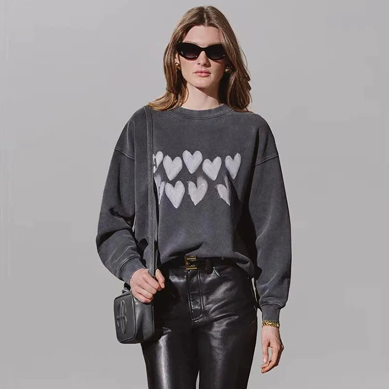 Grijs oversized damessweatshirt met ronde hals en logo-applicatie