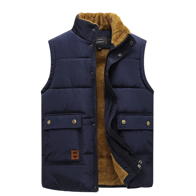 Herenbodywarmer met pluche voering, knoopsluiting en V-hals, olijfgroen