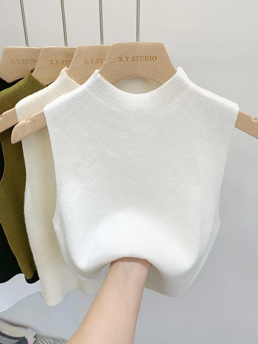 Geripptes Stricktop Ärmelloser Mock-Neck Pullunder Damen