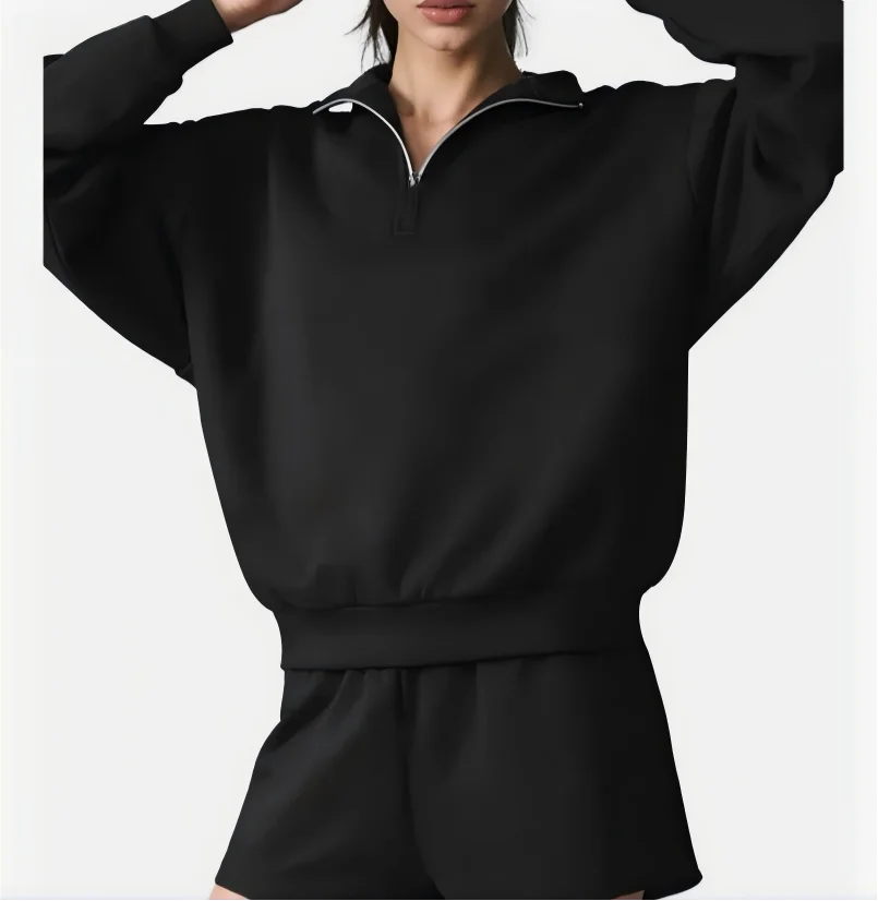 Damen Sweatshirt & Shorts Set Hellgrau mit Reißverschluss